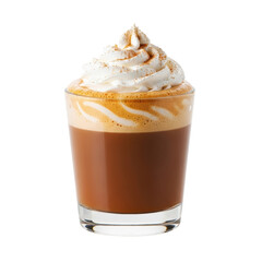 A delicious pumpkin spice latte topped with a generous swirl of whipped cream and a dusting of cinnamon, served in a clear glass.