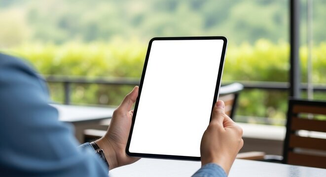 Serene Outdoor Tablet Use: Blank Screen Mockup with Blurred Green Background - Powered by Adobe