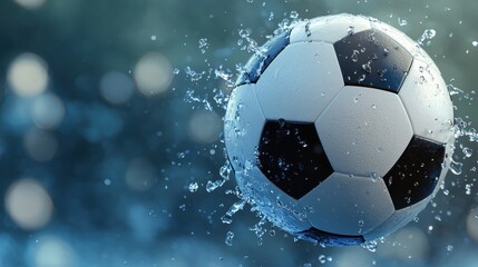 Naklejka premium Action-packed soccer ball in mid-air splashing water surface du game or practice session outdoors