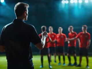 Coach giving motivational speech to a soccer team standing on a soccer field du night training session