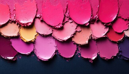 Lipstick swatches in different pink shades on dark blue background. Ideal for cosmetic ads, beauty blogs, or makeup tutorials.
