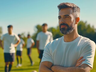 Confident male coach observing team practice outdoors on sunny day with teammates in background