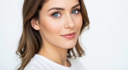 Naklejka premium Close-up portrait of a beautiful, elegant brunette woman with fair skin and light blue eyes, smiling gently against a bright white background, exuding natural beauty and confidence.