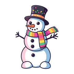 Cheerful snowman with top hat and rainbow scarf – stock vector flat illustration