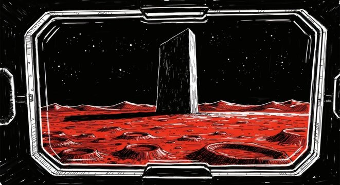 A view from a spaceship window of a mysterious black monolith standing on a red, cratered alien planet.