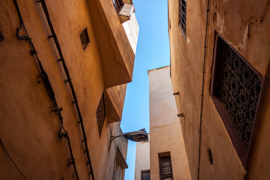 Upward View of Narrow Alleyway in the Fes Morocco Medina