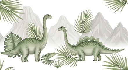 Fototapeta premium Watercolor Dinosaurs with Tropical Leaves and Misty Mountains