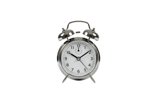 Vintage silver alarm clock, isolated on transparent background for time, punctuality, and retro concepts