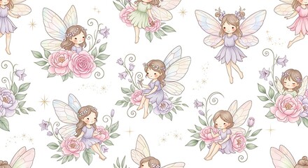 Watercolor Fairies with Floral Crowns and Delicate Wings on White Background Pattern