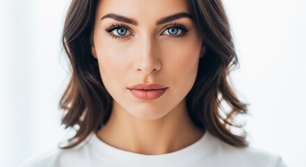 Naklejka premium Close-up portrait of a beautiful, confident woman with striking blue eyes and natural makeup, looking directly at the camera with a serene expression.
