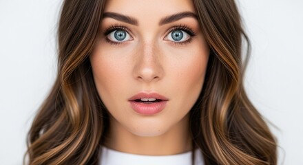 Fototapeta premium Close-up portrait of a beautiful young woman with stunning blue eyes and light brown wavy hair, looking directly at the camera with a surprised expression, against a bright white background.