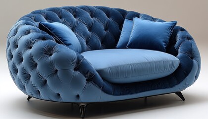 Blue velvet sofa has pillows, tufted upholstery, and small dark legs. Use it to promote luxury home decor and furniture designs.