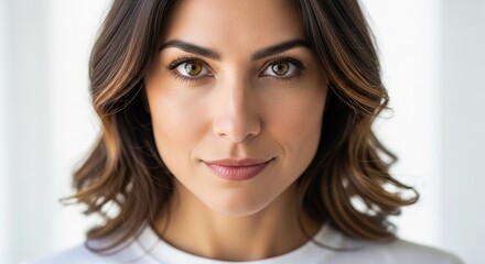 Naklejka premium Close-up portrait of a beautiful woman with striking brown eyes and a confident, slight smile, against a soft white backdrop, suitable for diverse commercial and personal branding projects.