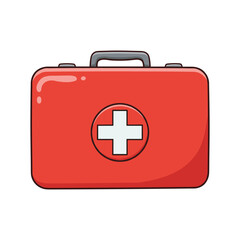 Obraz premium Red first aid kit with handle and white cross on front – stock vector flat illustration