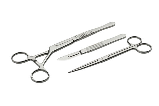 Set of surgical instruments including forceps and scalpels, isolated on transparent background for medical, healthcare, and laboratory applications