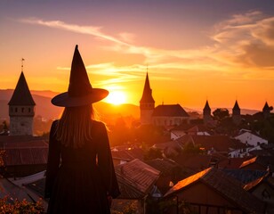 Silhouette of a witch in a pointed hat, gazing at a medieval town at sunset