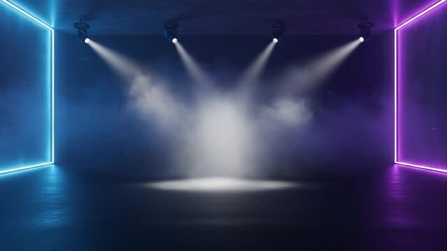 Futuristic empty stage with spotlights illuminating a smoky, dark room framed by glowing blue and purple neon lights.