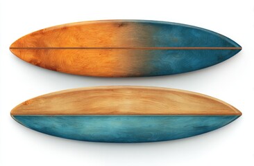 Obraz premium Two vintage-style surfboards, top and bottom views, with ombre color schemes of orange/tan and teal/blue