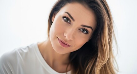 Fototapeta premium Close-up portrait of a beautiful, natural young woman with a serene expression and gentle smile, looking confidently at the camera in a bright setting.