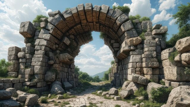Monumental Cyclopean Stone Arch, an Ancient Ruin Framing a Cloudy Sky