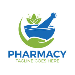 Modern Herbal Pharmacy Logo Design Mortar and Pestle with Green Leaves Vector.
