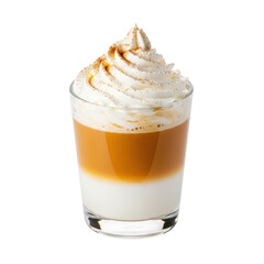 A delicious layered coffee beverage, likely a latte macchiato, topped with a generous swirl of whipped cream and a sprinkle of spice. Perfect for cafes and menus.