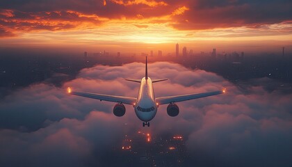 Airplane flying over clouds with a city skyline against a vibrant orange sunset. Perfect image for travel ads, aviation, or dreamy destinations.