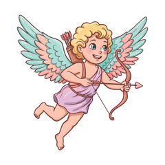 Fototapeta premium Cute cartoon cupid child with bow and arrow flying – stock vector flat illustration