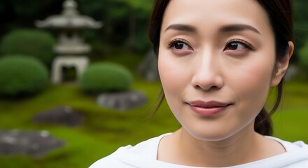 A serene Asian woman gazes thoughtfully while enjoying a tranquil moment in a traditional Japanese garden with stone lanterns and lush greenery.