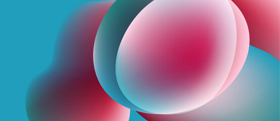 Abstract colorful bubbles overlap. Soft gradients create smooth transitions between pinks, blues, reds. Minimalist design, modern aesthetic.