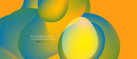 Abstract fluid shapes overlap, creating vibrant color gradients. Yellows, oranges, blues blend seamlessly. Modern design element.