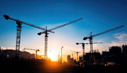 Sunset Silhouette of Construction Cranes at City Development Site