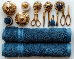 Luxurious golden toiletries and indigo towels on white surface. It's ideal for lifestyle, beauty, bathroom, or hotel advertising.