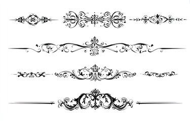 Decorative dividers, ornate line separators in black ink on white background.  Six horizontal decorative elements feature intricate, flowing flourishes, floral and scroll designs