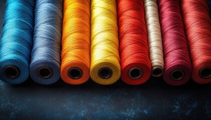 Colorful spools of thread are arranged on dark blue background. Ideal for sewing, needlework, craft, or artistic projects.