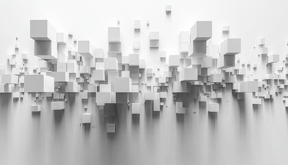 Floating white 3D cubes, a modern abstract design with soft shadows. Ideal for background, technology, architecture, or futuristic concepts.