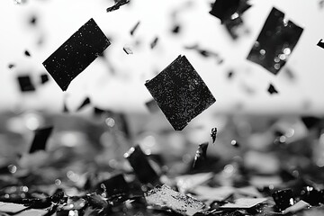 Black confetti falling on a white background, monochrome style image. Use this image for modern, minimalist, and abstract designs.