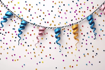 Colorful streamers and confetti hanging from a rope on white. It is suitable for celebrating New Year, Christmas or any holiday.
