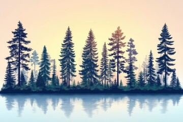 Evergreen forest by the lake reflects against a soft, pastel dawn backdrop. It's perfect for nature, landscape or environmental design projects.