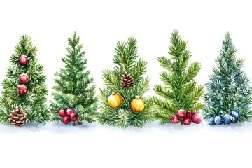 Watercolor painting of five Christmas trees on a white background. Great for holiday cards, invitations, web design, and other projects.