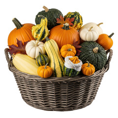 A rustic woven basket overflowing with a vibrant assortment of orange pumpkins, green and yellow gourds, and colorful fall leaves, perfect for seasonal decor.