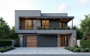 3d rendering of modern luxury house with garage door and concrete floor. High quality