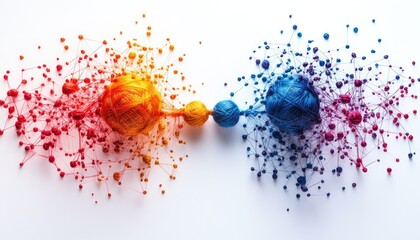 Orange and blue yarn balls are connected by threads and beads on a white background. This depicts network connections, relationships, data, or social media connections.