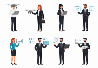 Business professionals utilizing modern technology, laptops, tablets, and drones to analyze data, present reports, and manage digital information in various corporate roles.