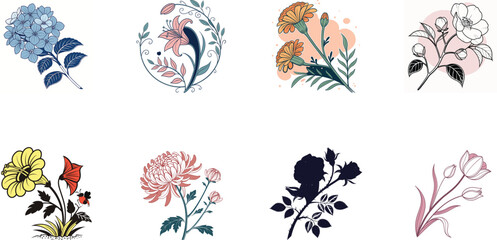 Bundle of 8 Colorful Botanical Flower Illustrations – Vintage Floral Clipart Set for Print, Design, and Digital Art Projects