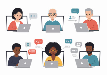 Diverse Individuals Engaging in Online Communication, Remote Work, and Digital Collaboration with Laptops, Surrounded by Chat and Code Icons.