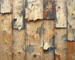 Rough wooden planks with peeling paint create a weathered texture. Perfect for backgrounds needing a rustic, grungy, or aged element.