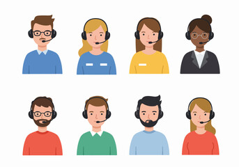 Collection of diverse customer service and call center avatars. Friendly male and female support staff with headsets for online assistance and communication.
