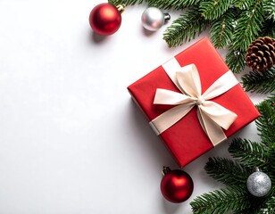 Red gift box with ribbon, ornaments, and pine boughs on white