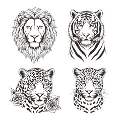 Majestic Big Cat Portraits Lion Tiger Jaguar Leopard Bold Line Art Designs